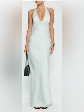 NWT Sage Green Satin Halter Open Back Maxi Formal Dress Gown Small